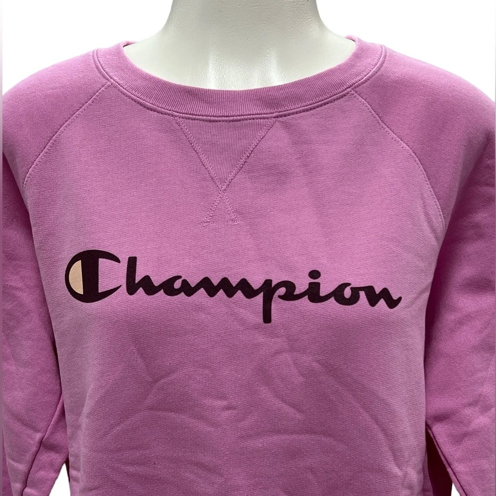 Champion Powerblend Fleece Sweater Relaxed Crew Screen Print Paper Orchid Size M